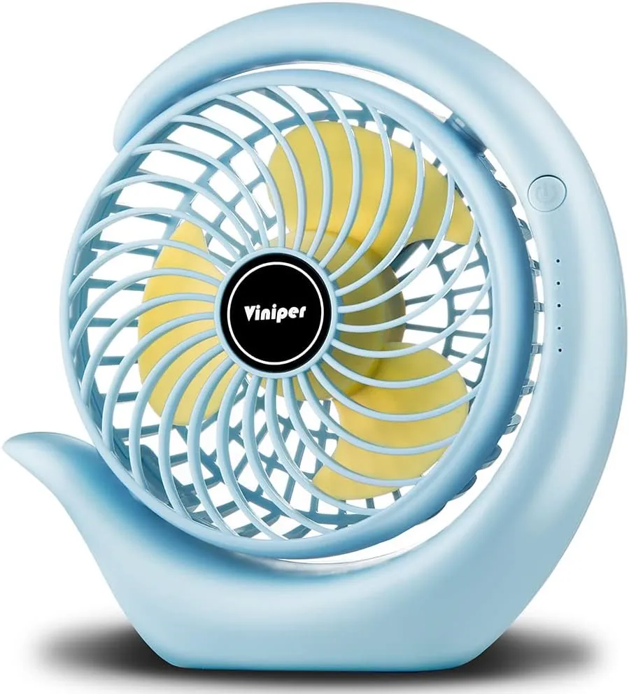 Viniper Portable Rechargeable Fan, Small Desk Fan : 3 Speeds & 8-24 Hours Longer Working, 180° Rotation, Optimised Portable USB Battery Fan, Light Blue