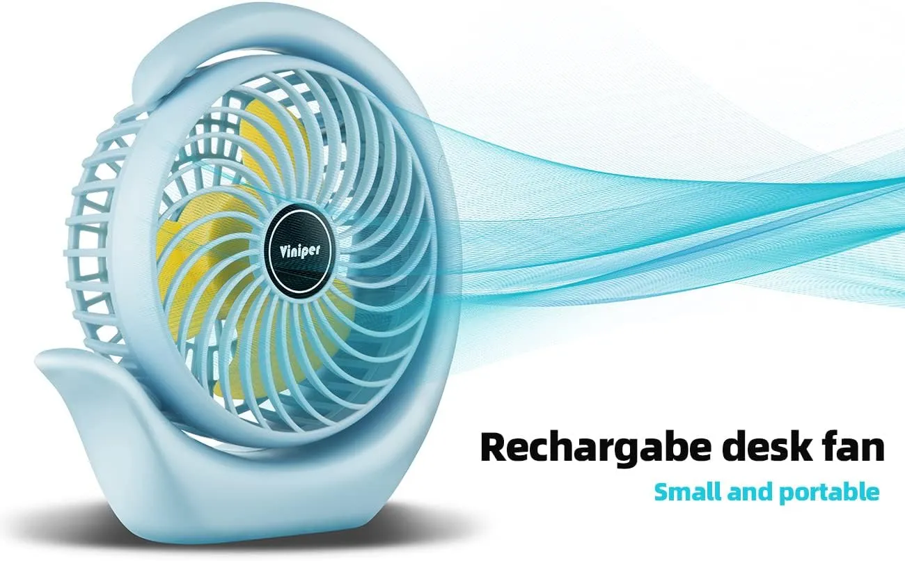 Viniper Portable Rechargeable Fan, Small Desk Fan : 3 Speeds & 8-24 Hours Longer Working, 180° Rotation, Optimised Portable USB Battery Fan, Light Blue