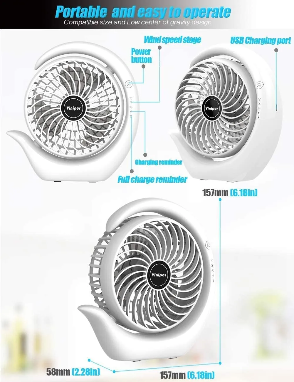 Viniper Portable Rechargeable Fan, Small Desk Fan : 3 Speeds & 8-24 Hours Longer Working, 180° Rotation, Optimised Portable USB Battery Fan, Light Blue