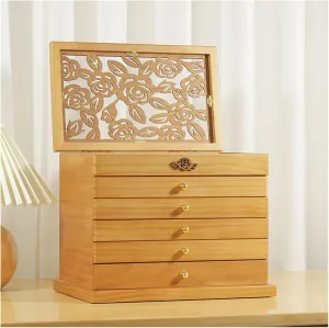 Vintage Style Jewelry Box for Women, 6-Layer Drawers Jewelry Organizer Box with High Transparent Glass Cover for Rings, Earrings, Necklaces