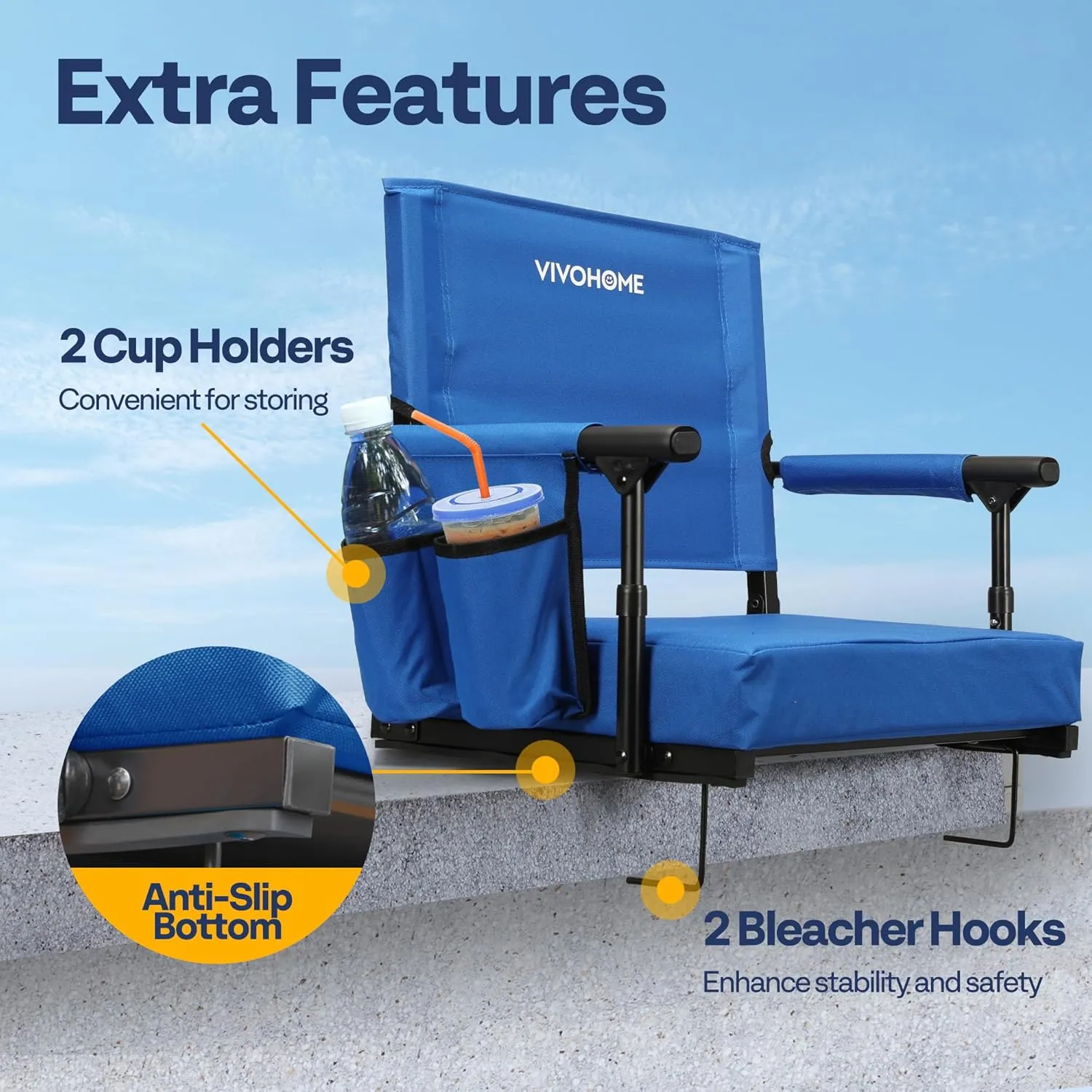 VIVOHOME Stadium Seats with Back Support and Cushion, 2 Pack Portable Bleacher Chairs with Cup Holder and Shoulder Strap