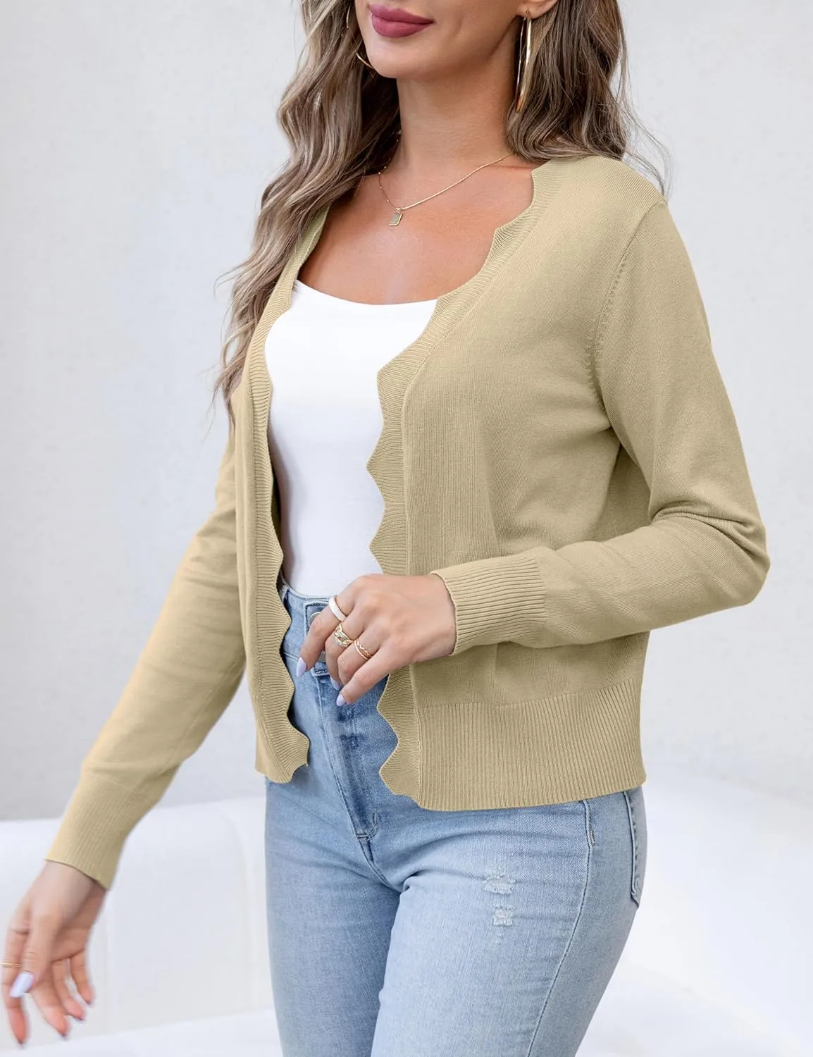 VOIANLIMO Womens Casual Long Sleeve Sweaters Knit Open Front Cropped Bolero Short Cardigan