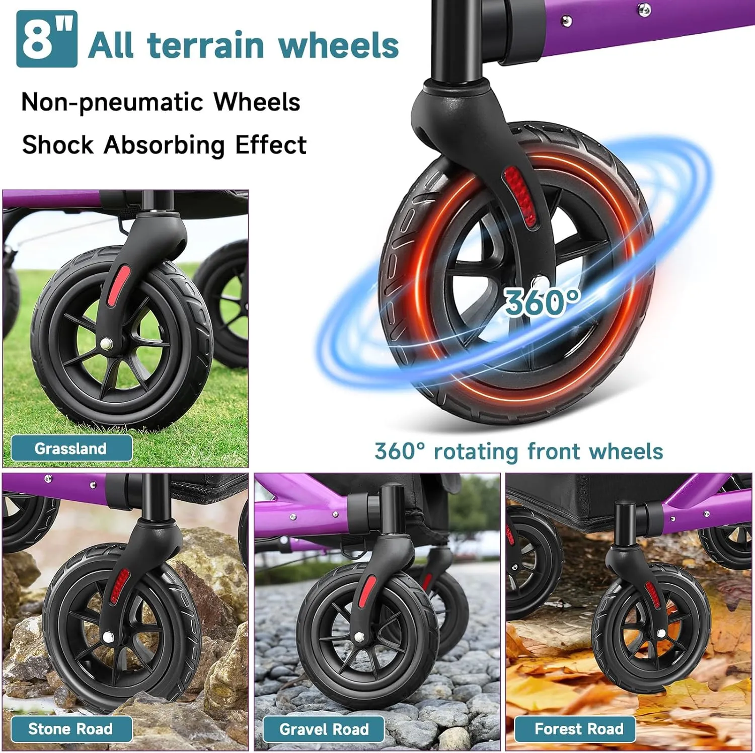Walkers for Seniors, Rollator Walker with Seat, 8" Rubber Wheels All Terrain Rollator Walker with Backrest, Aluminum Walkers Built-in Cable, Foldable and Adjustable Height for Seniors, Purple