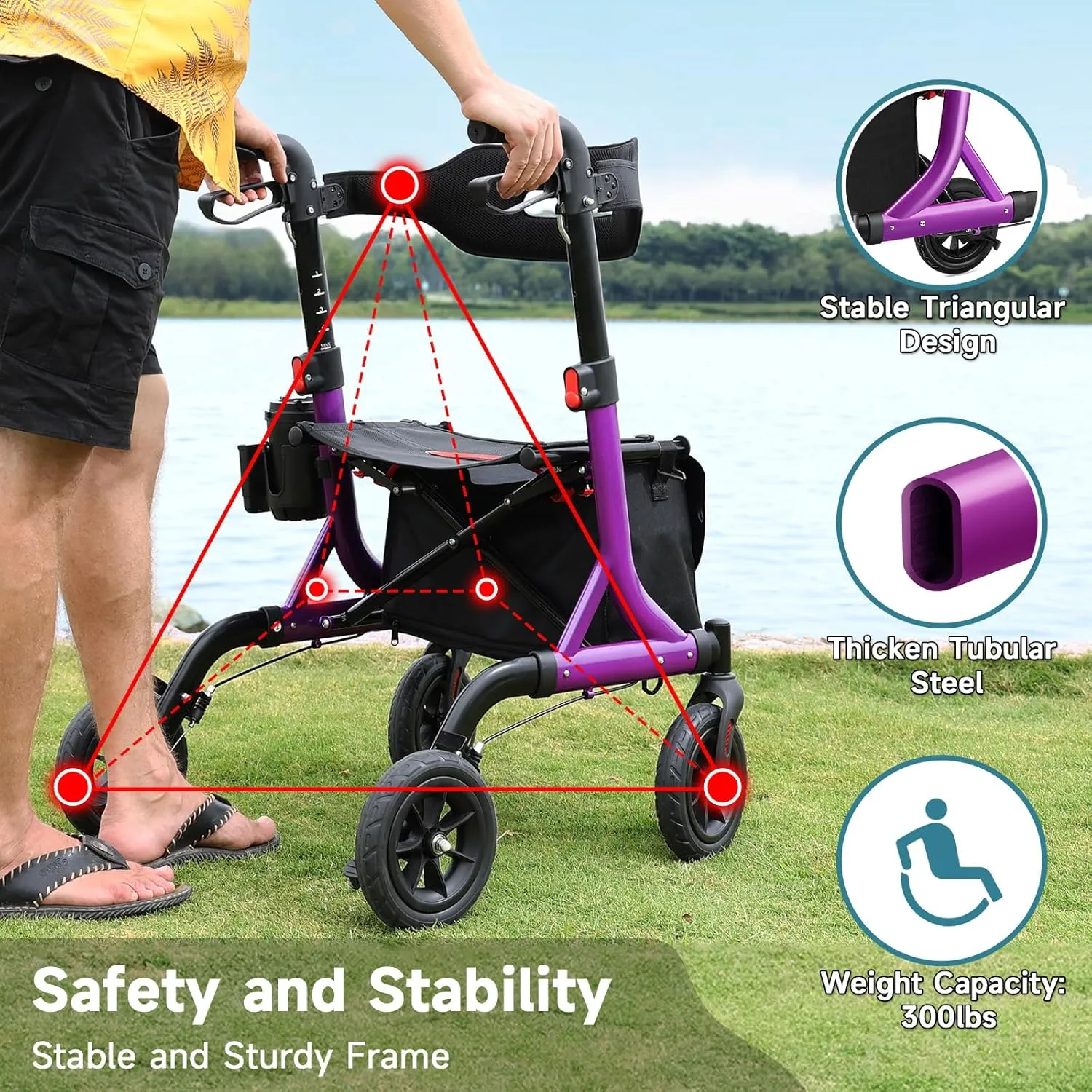 Walkers for Seniors, Rollator Walker with Seat, 8" Rubber Wheels All Terrain Rollator Walker with Backrest, Aluminum Walkers Built-in Cable, Foldable and Adjustable Height for Seniors, Purple
