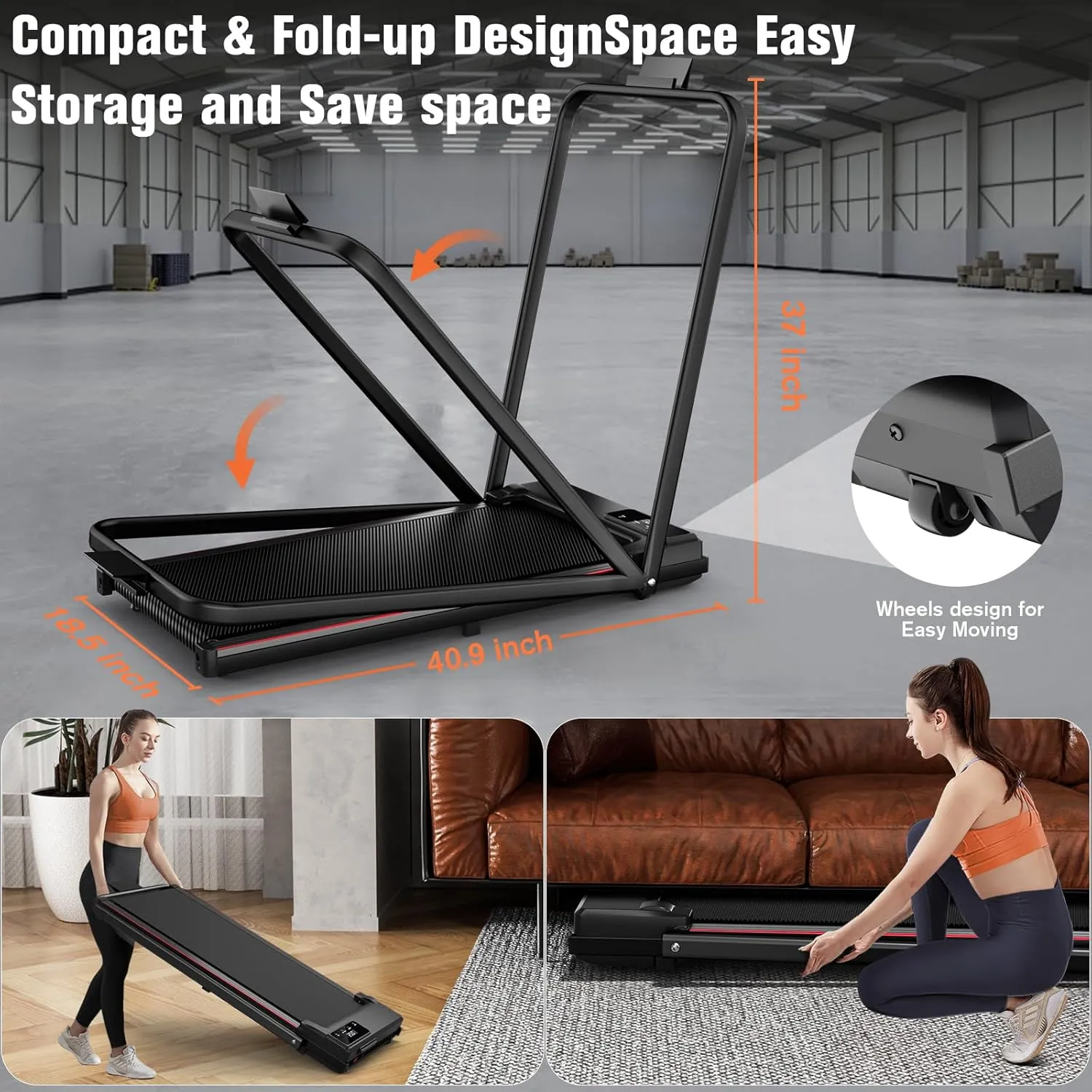Walking Pad Treadmill With Incline, Under Desk for Home Office, Portable 2.5HP, 300 lbs Capacity, APP/Remote Control, LED Displays, Manual Incline(M)