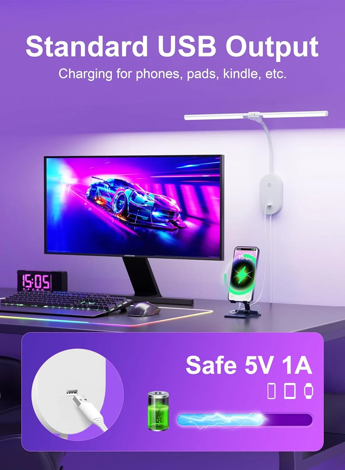 Wall Mounted Reading Light, Book Lights with 2 Heads Ultra Long LED Bars, Bedside Reading Lamps for USB Output, Bright 5 Dimmable with 360° Gooseneck 4 Hour Auto Off Bed Headboard Lights