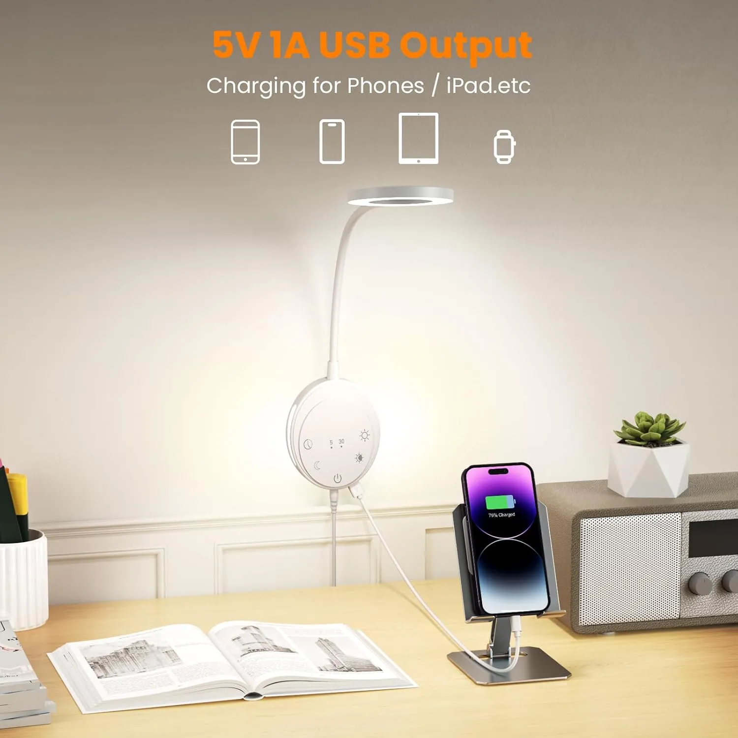 Wall Mounted Reading Light,Bedside Headboard Lights with 5 Color Temperature &5 Dimming,360°Flexible Gooseneck,USB Output, Night Light&Timer Function- Perfect for Reading (White)