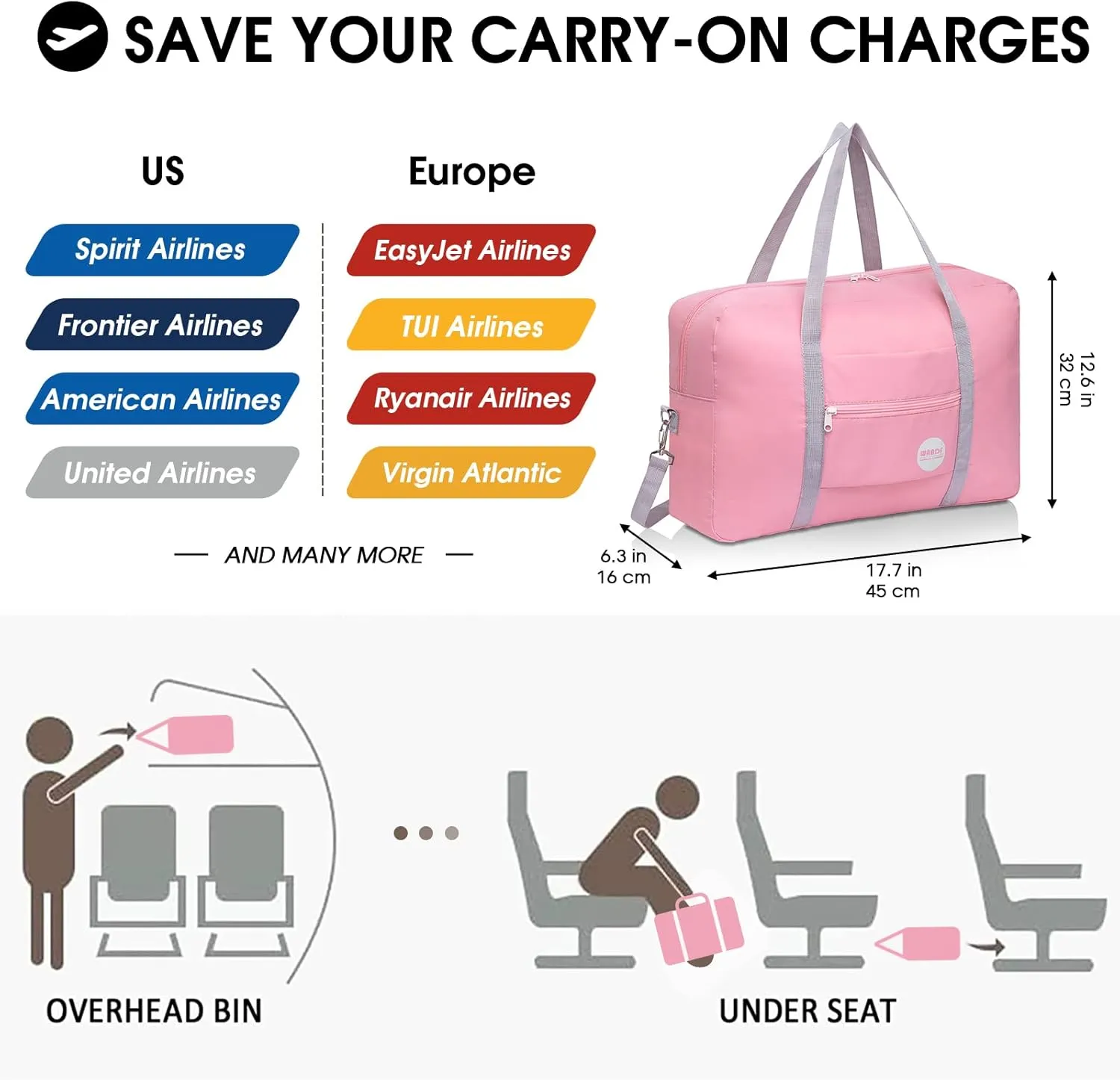 WANDF For Spirit Airlines Personal Item Bag 18x14x8 Travel Duffel Bag Underseat Foldable Carry-on Luggage for Women