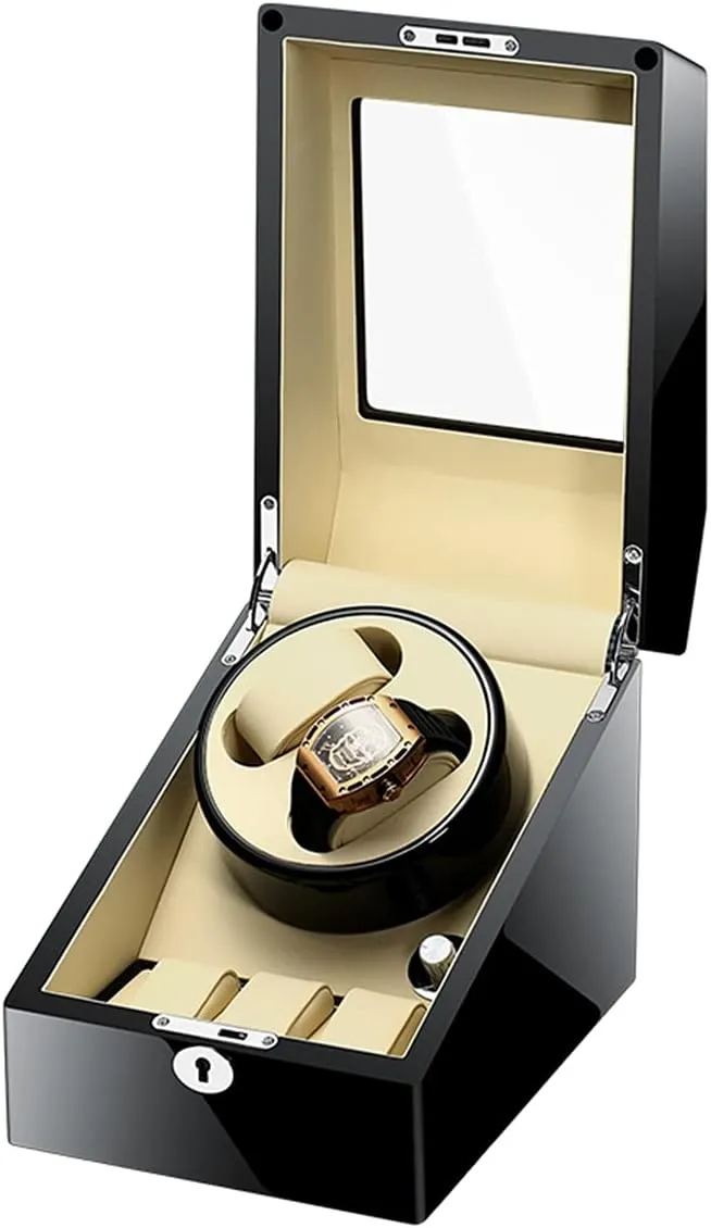 Watch Display Box 2 3 Automatic Watch Winder Box Collection Display Box,Silent Motor Flexible Watch Pillows,Luxury Wood Storage Case for Man/Woman's Watches (Black creamy)
