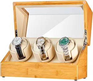 Watch Display Box Bamboo Wood Automatic Watch Winder for 3 Watches Watch Rotator Box with Quiet Japanese Motor Flexible Watch Pillows Fit Lady and Man Watches (3 0)