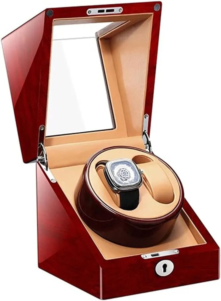 Watch Display Box Double Watch Winder, Luxury Mechanical Watch Storage Case Wood Shell Piano Self Winding Watch Rotator Box with Quiet Motor,Battery Powered or AC Adapter (Brown brown)