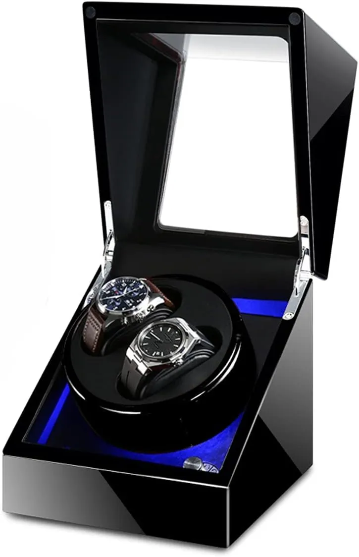 Watch Display Box Double Watch Winder Luxury Mechanical Watch Storage Case Wood Shell Piano Soft Flexible Watch Pillows Blue Led Light Fit Lady And Man Watches Self WindiBlack C
