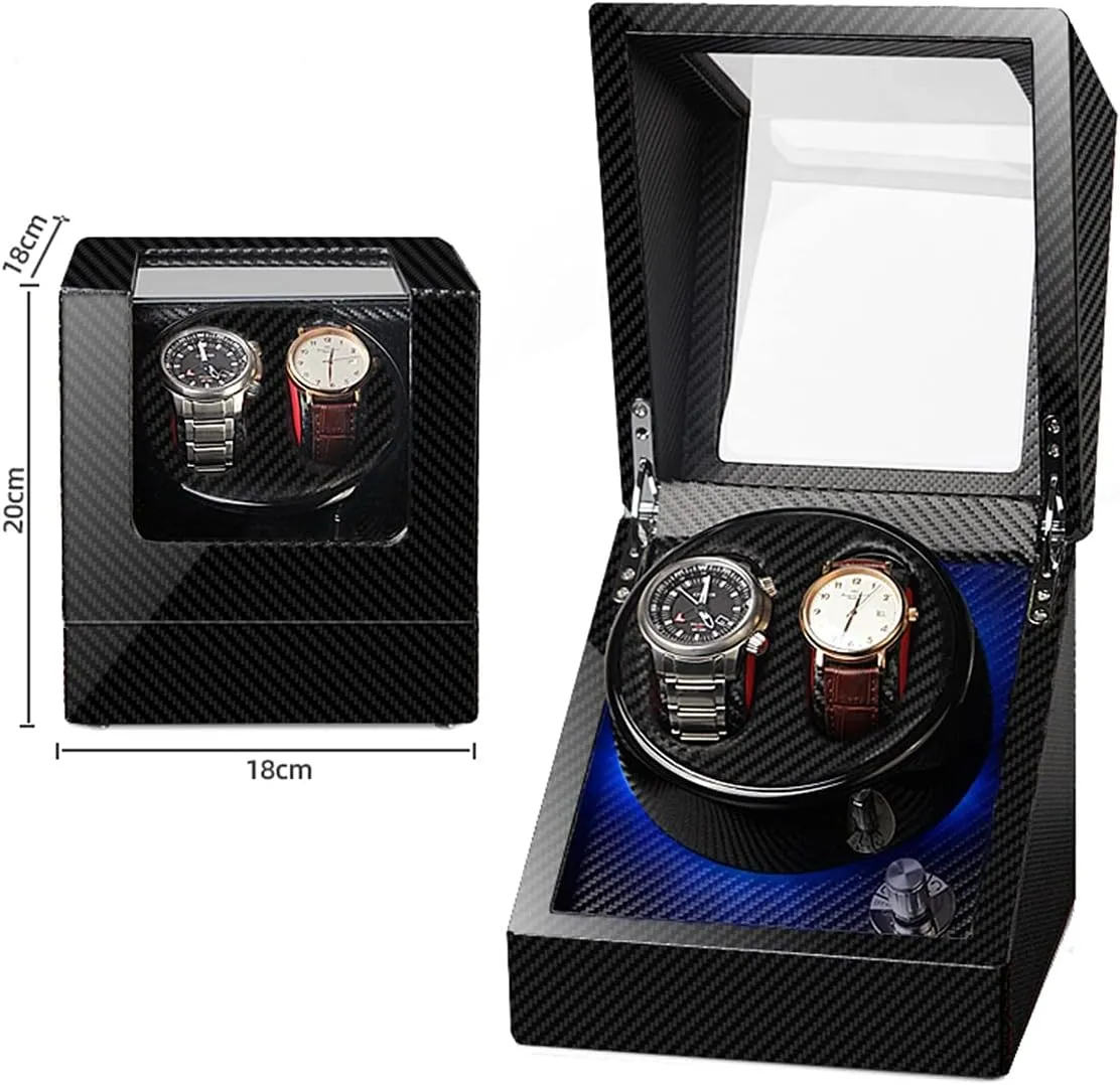 Watch Display Box Double Watch Winder Luxury Mechanical Watch Storage Case Wood Shell Piano Soft Flexible Watch Pillows Blue Led Light Fit Lady And Man Watches Self WindiBlack C