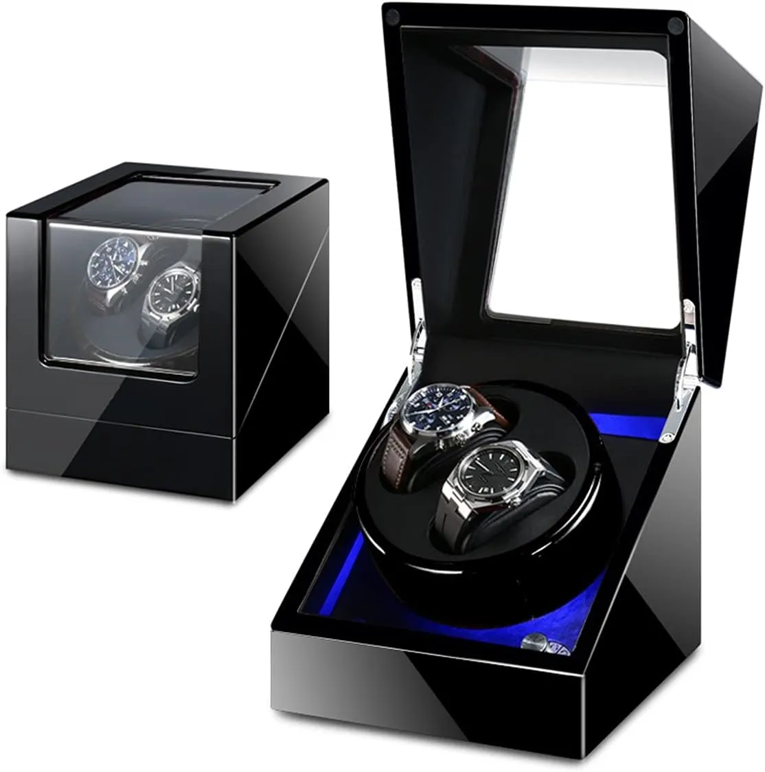 Watch Display Box Double Watch Winder Luxury Mechanical Watch Storage Case Wood Shell Piano Soft Flexible Watch Pillows Blue Led Light Fit Lady And Man Watches Self WindiBlack C