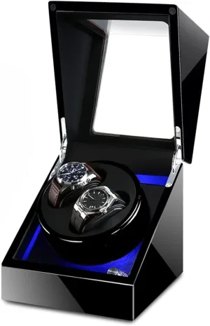Watch Display Box Double Watch Winder Luxury Mechanical Watch Storage Case Wood Shell Piano Soft Flexible Watch Pillows Blue Led Light Fit Lady And Man Watches Self WindiBlack C