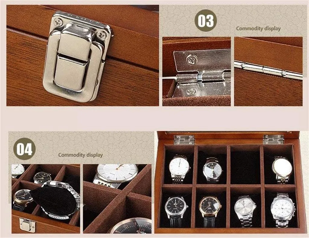 Watch Display Box Jewelry Storage Wooden Watch Box with 8 Compartments with Glass Lid(Color:Black)