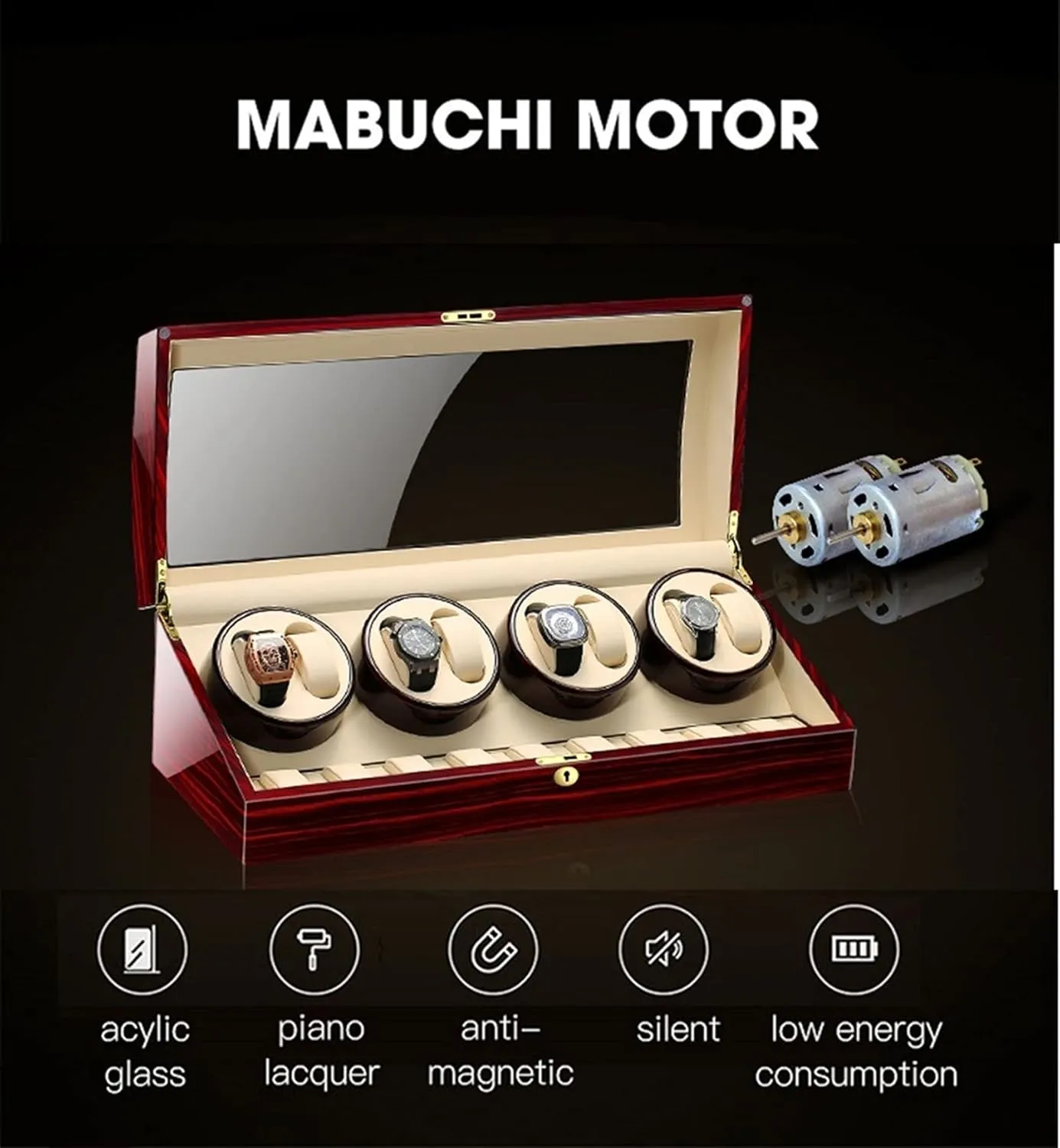 Watch Display Box Watch Winder for Automatic Watches, with Extra Watch Storages, Wood Shell Piano Finish, Silent Motor, Flexible Watch Pillow (E 8 9)