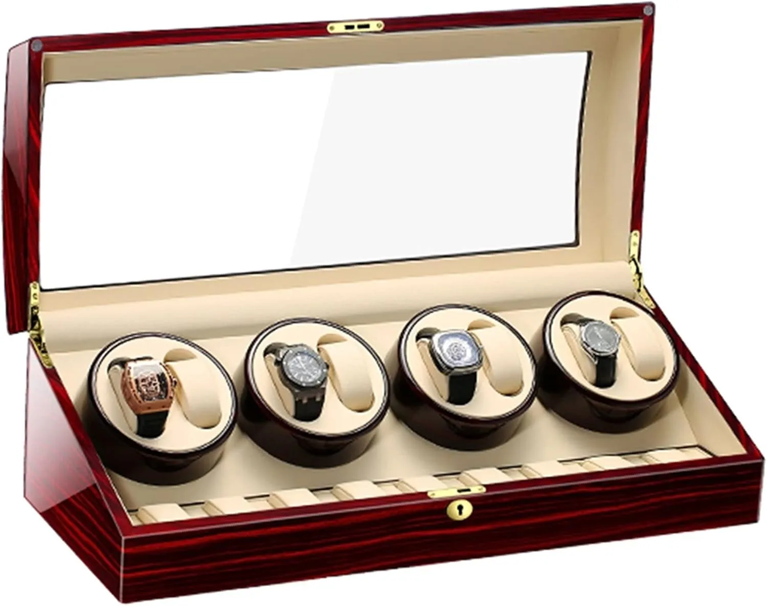 Watch Display Box Watch Winder for Automatic Watches, with Extra Watch Storages, Wood Shell Piano Finish, Silent Motor, Flexible Watch Pillow,AU/EU/US
