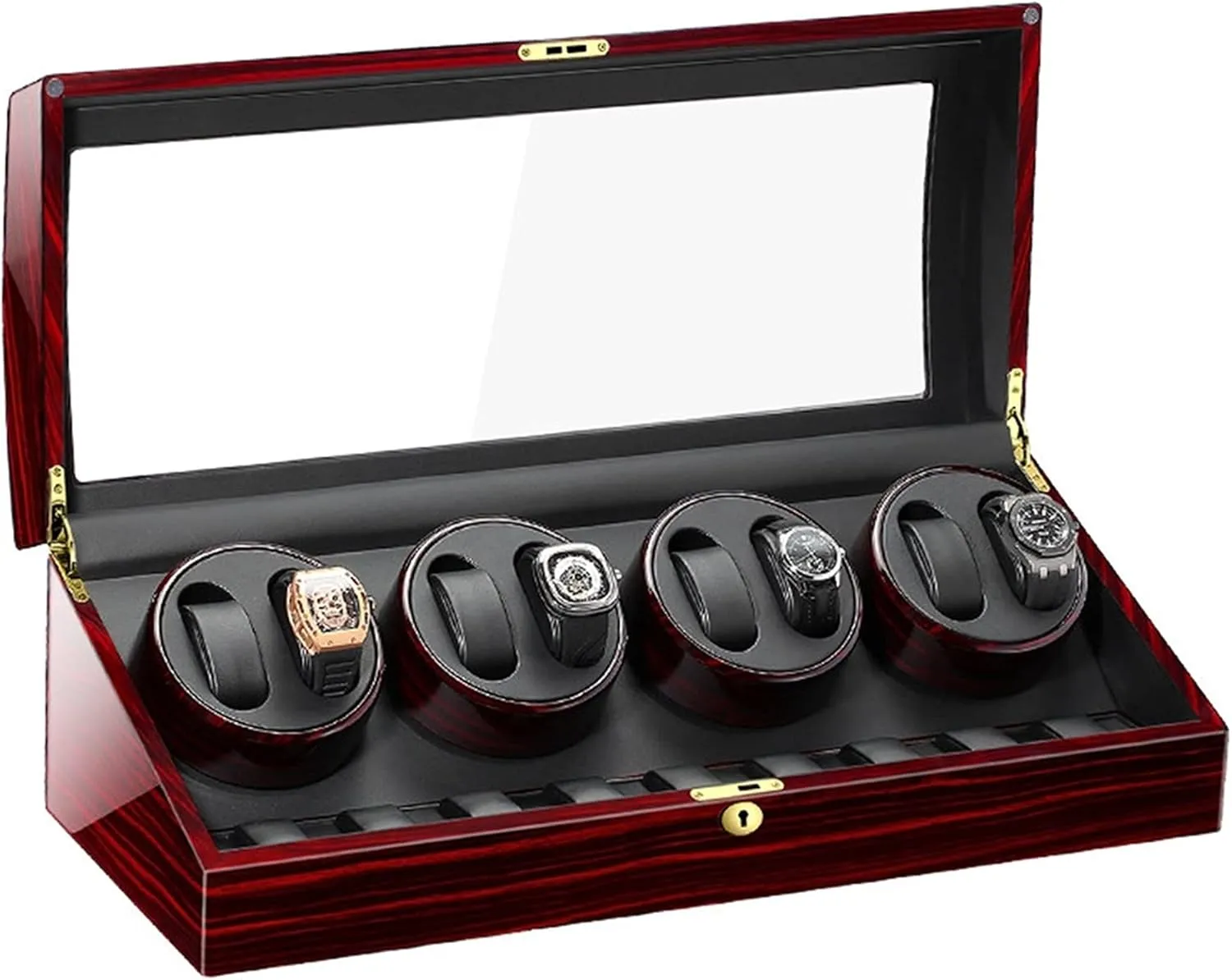 Watch Display Box Watch Winder for Automatic Watches, with Extra Watch Storages, Wood Shell Piano Finish, Silent Motor, Flexible Watch Pillow,AU/EU/US