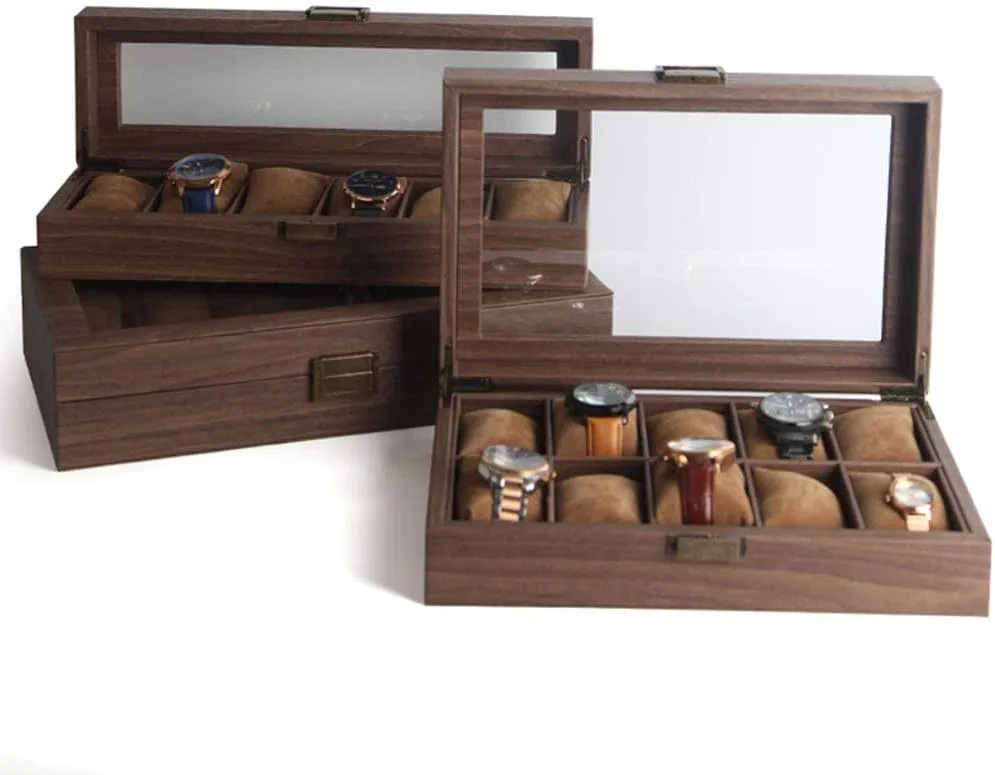 Watch storage box Dust-proof glass cover Watch jewelry box Bracelet Brown wood grain leather (6/10/12 table)