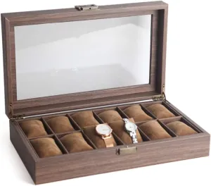 Watch storage box Dust-proof glass cover Watch jewelry box Bracelet Brown wood grain leather (6/10/12 table)
