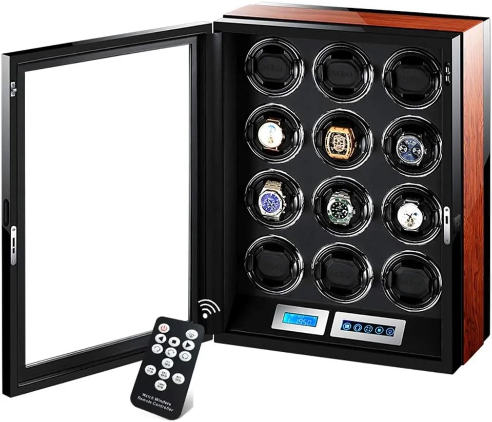 Watch Winders Automatic LCD Touch Screen Display,with Remote Control Built-in LED Illumination,12 Winding Spaces Powered by Extremely Quiet Motor Watch Winder Box Best Gift