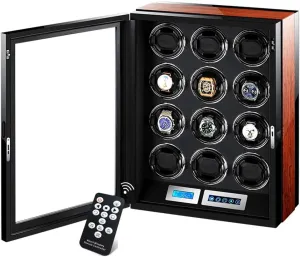 Watch Winders Automatic LCD Touch Screen Display,with Remote Control Built-in LED Illumination,12 Winding Spaces Powered by Extremely Quiet Motor Watch Winder Box Best Gift