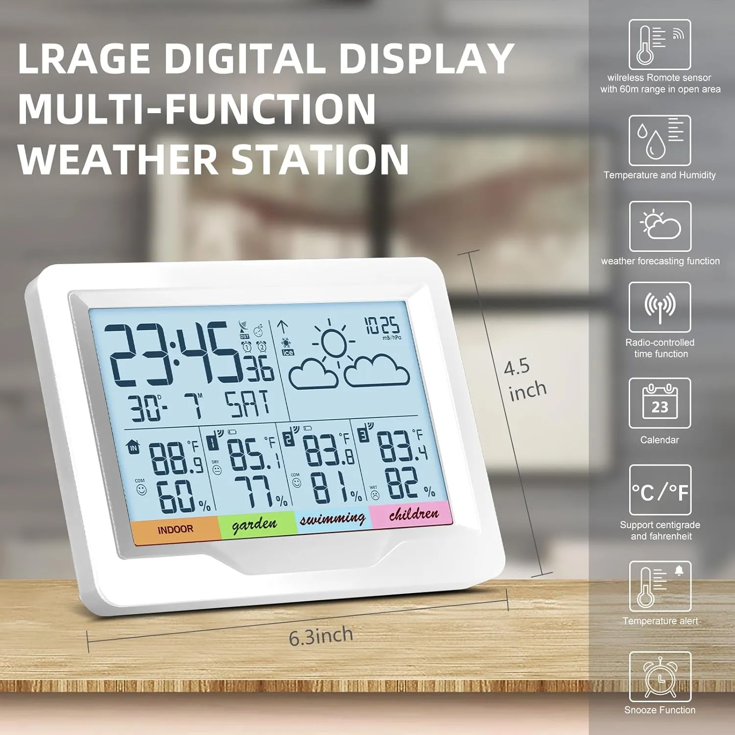 Weather Stations Indoor Outdoor Thermometer Wireless Temperature Humidity Monitor with Digital Atomic Clock, Weather Station with Multiple Sensors, White