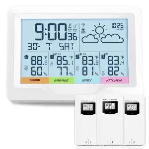 Weather Stations Indoor Outdoor Thermometer Wireless Temperature Humidity Monitor with Digital Atomic Clock, Weather Station with Multiple Sensors, White
