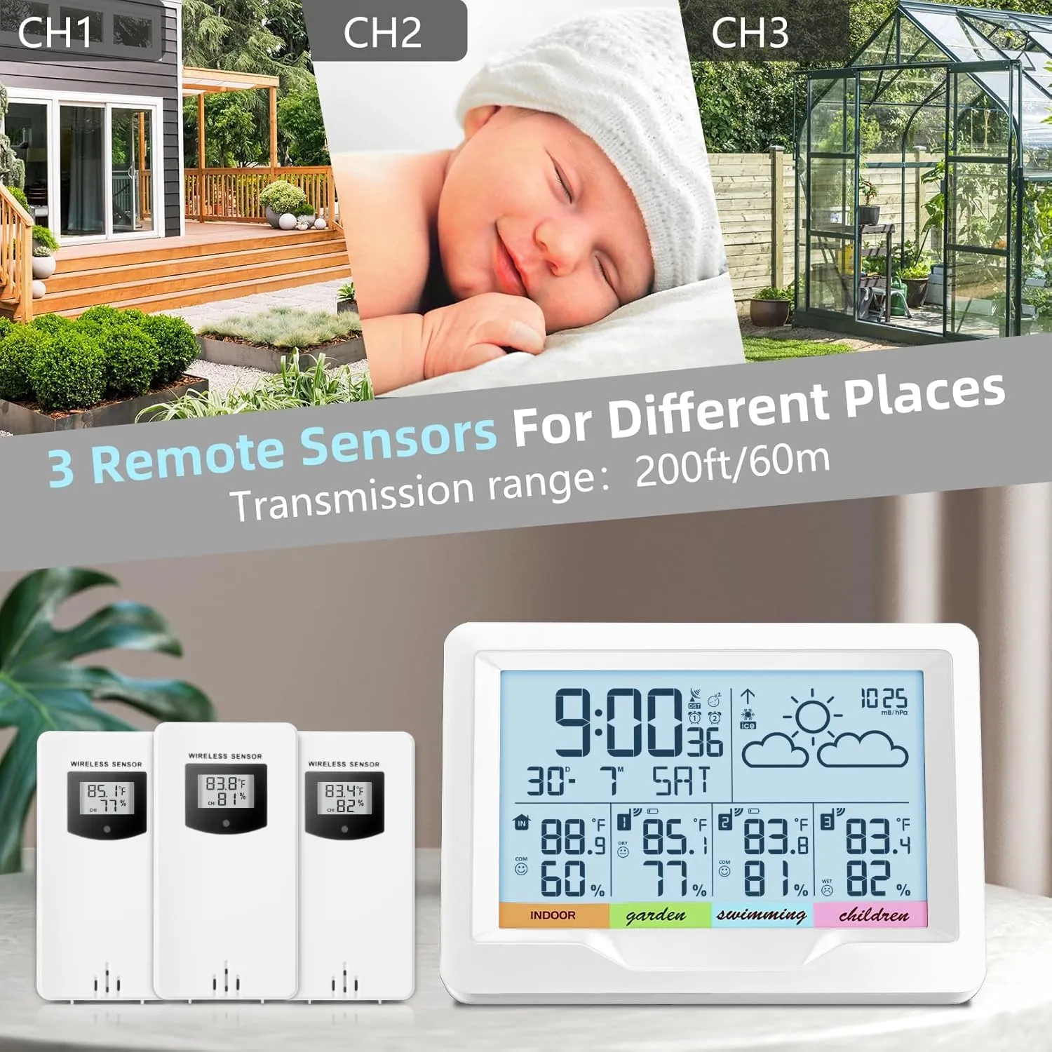 Weather Stations Indoor Outdoor Thermometer Wireless Temperature Humidity Monitor with Digital Atomic Clock, Weather Station with Multiple Sensors, White