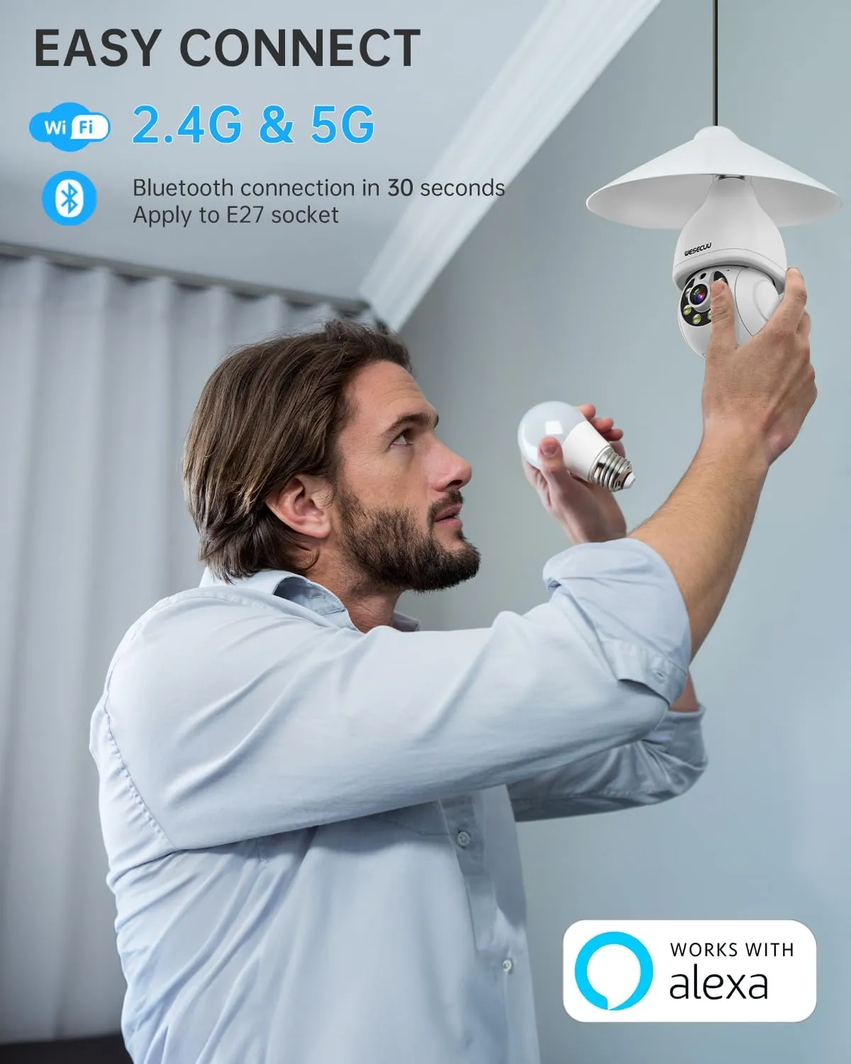 WESECUU Light Bulb Security Camera, 2.4G/5G WiFi Security Cameras Wireless Outdoor Indoor for Home Security, 2-Way Talk, Human Detection, Color Night Vision, Compatible with Alexa (One Pack)