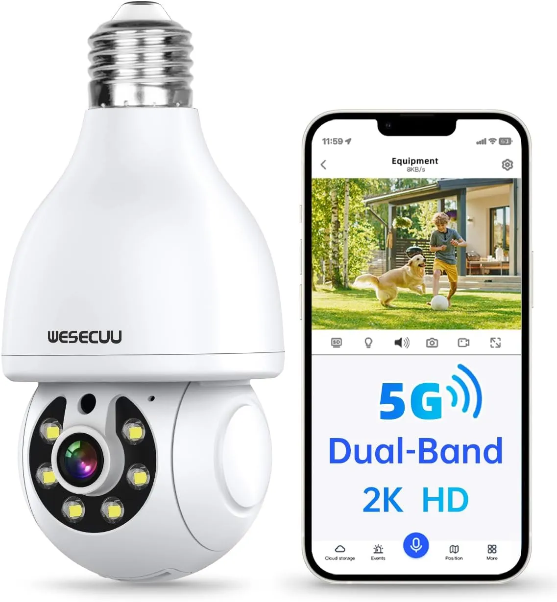 WESECUU Light Bulb Security Camera, 2.4G/5G WiFi Security Cameras Wireless Outdoor Indoor for Home Security, 2-Way Talk, Human Detection, Color Night Vision, Compatible with Alexa (One Pack)