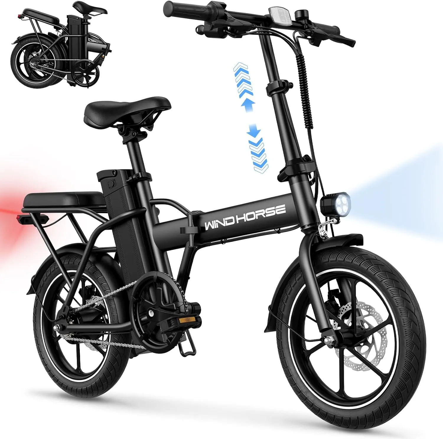 WINDHORSE 16" Folding Electric Bike for Adults, 630W Peak Power, 25MPH, 35-Mile Range, 288Wh Removable Battery with Lock, Dual Disc Brake, 2 Seat Ebike for Commuter