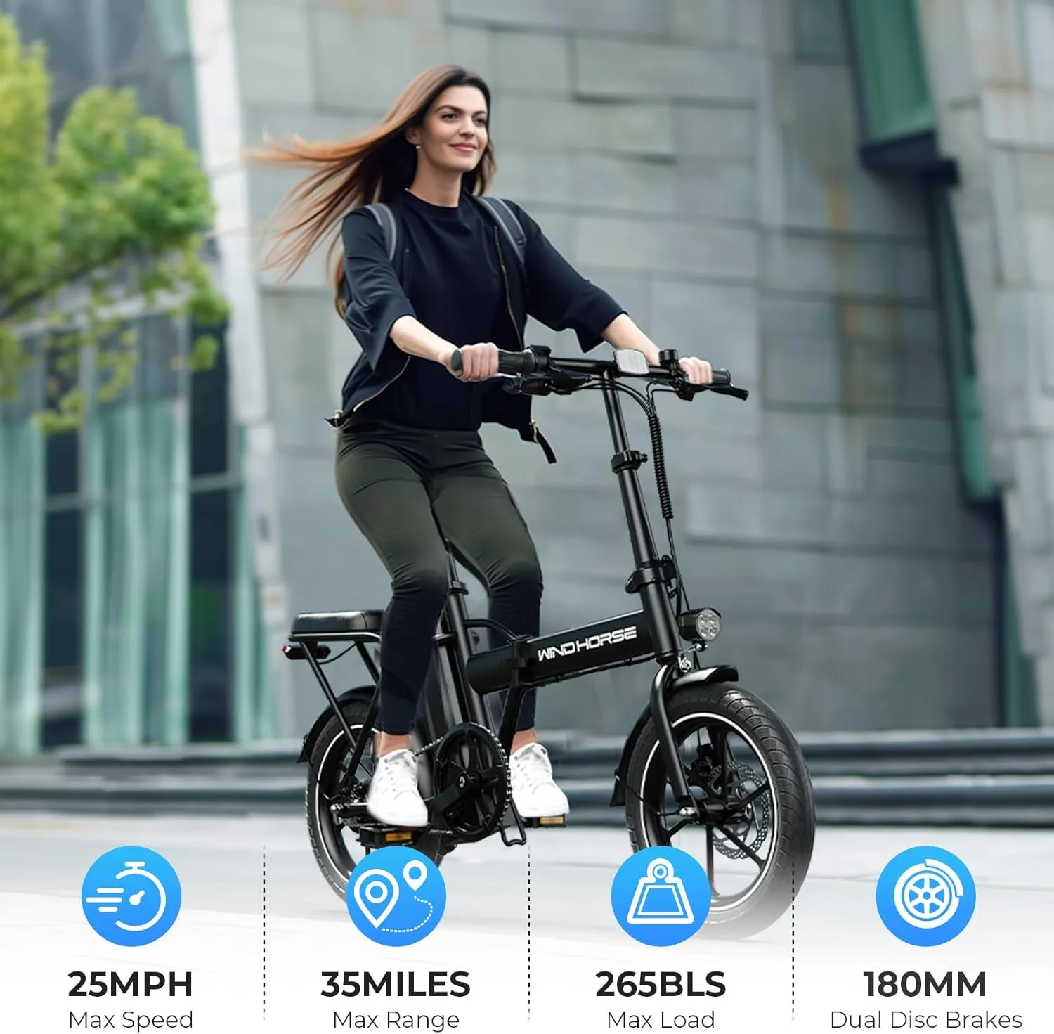 WINDHORSE 16" Folding Electric Bike for Adults, 630W Peak Power, 25MPH, 35-Mile Range, 288Wh Removable Battery with Lock, Dual Disc Brake, 2 Seat Ebike for Commuter
