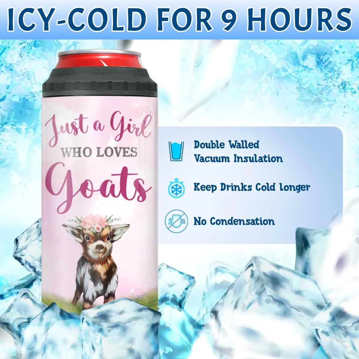 winorax Just A Girl Who Loves Goats Can Cooler 4-in-1 Stainless Steel Insulated Coffee Travel Cup with Lid 16oz Goat Gift For Women Girls Birthday Christmas Mother's Day Gifts Presents Stuff