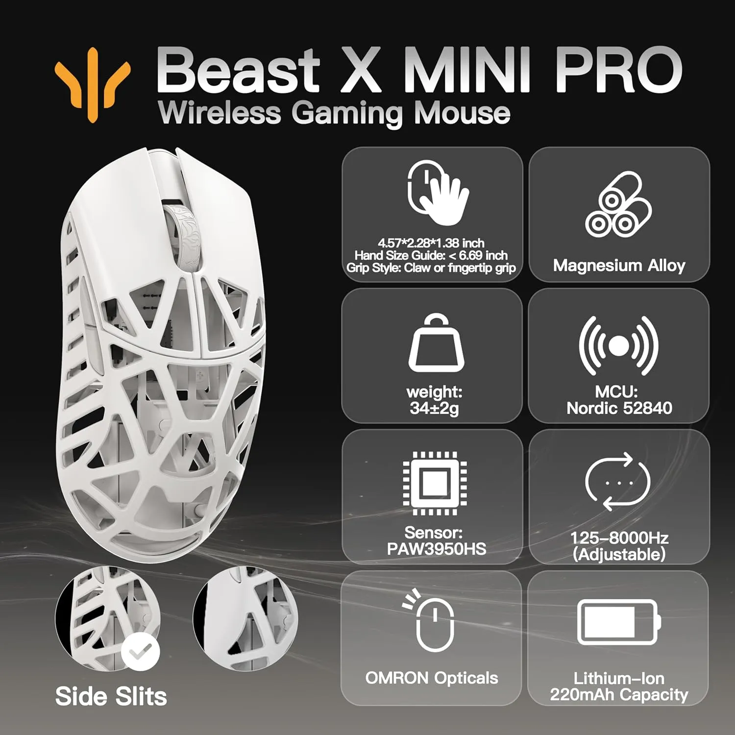WLMOUSE Beast X Mini Pro Ultra-Light 34g Magnesium Gaming Mouse, PAW3950 HS Sensor, 8K Polling Rate, 30000 DPI,OM & TTC Switches, Customizable Side Panels.(Milky White(OM Switch-Side Slits))