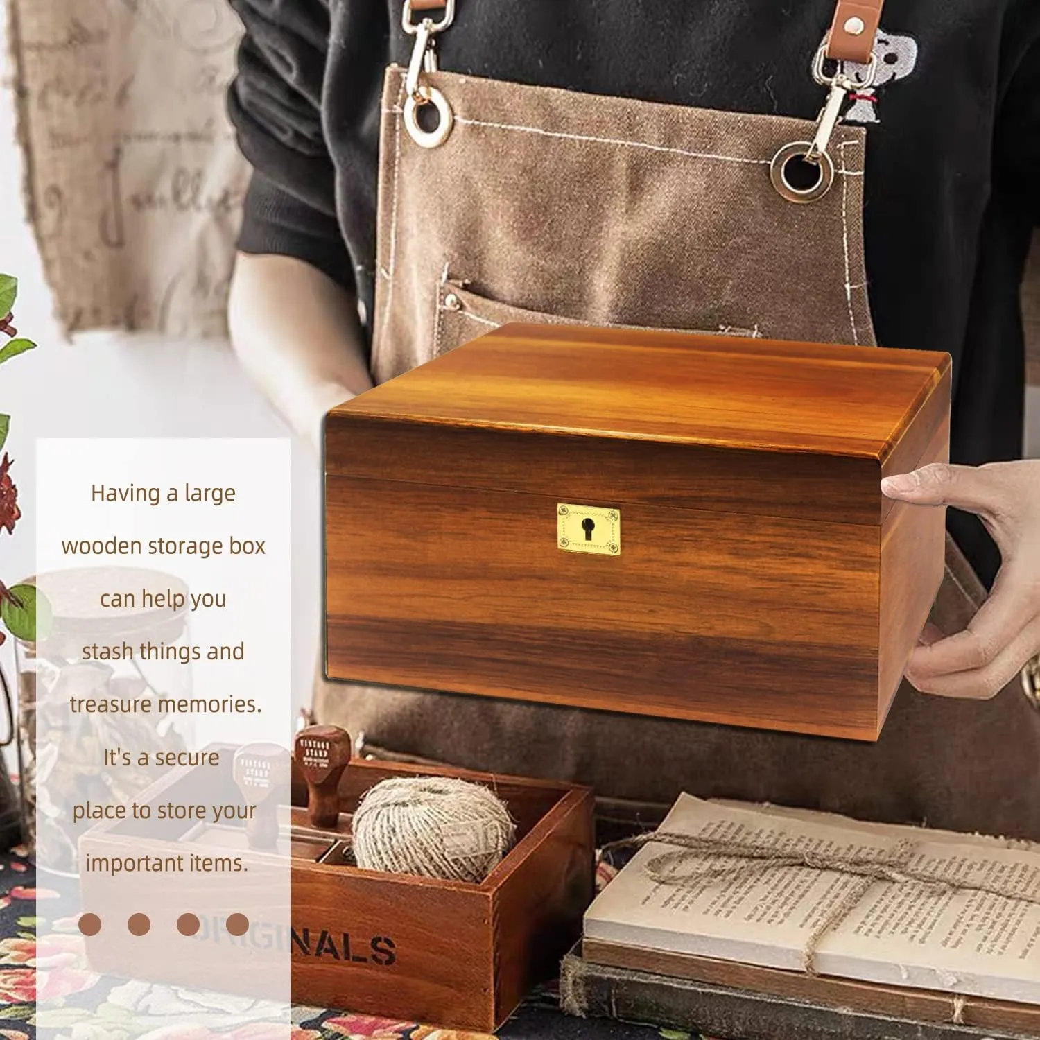 Wooden Storage Box with Hinged Lid and Locking Key Large Premium Solid Acacia Keepsake Chest Box -Storage Space to Organize Jewelry, Toys, and Keepsakes in a Beautiful Wooden Decorative Box