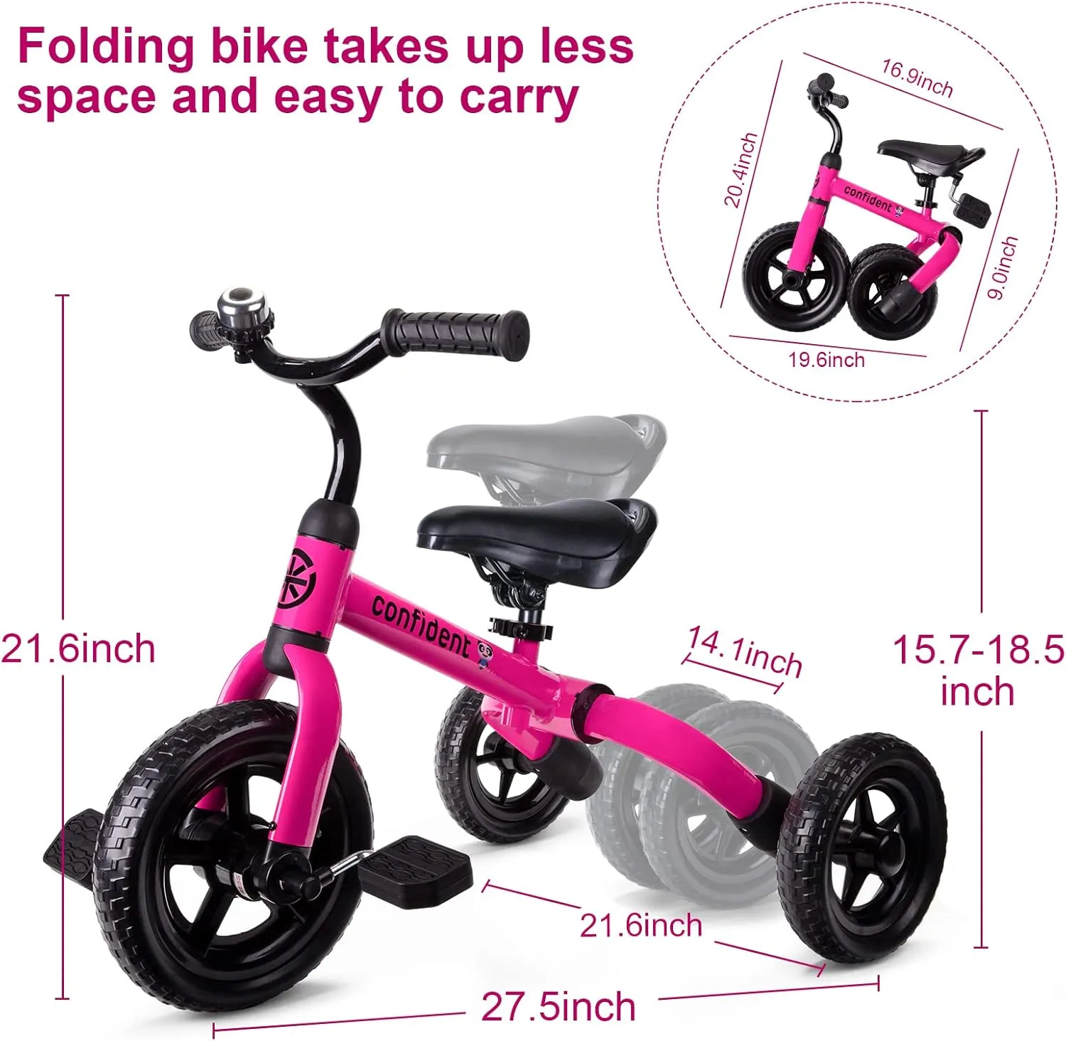 XPIY Tricycle for Toddlers Age 2-5 Years Old, 3 in 1 Folding Toddler Bike for Boys and Girls, Kids' Bike Trike with Detachable Pedal and Adjustable Seat (Pink)