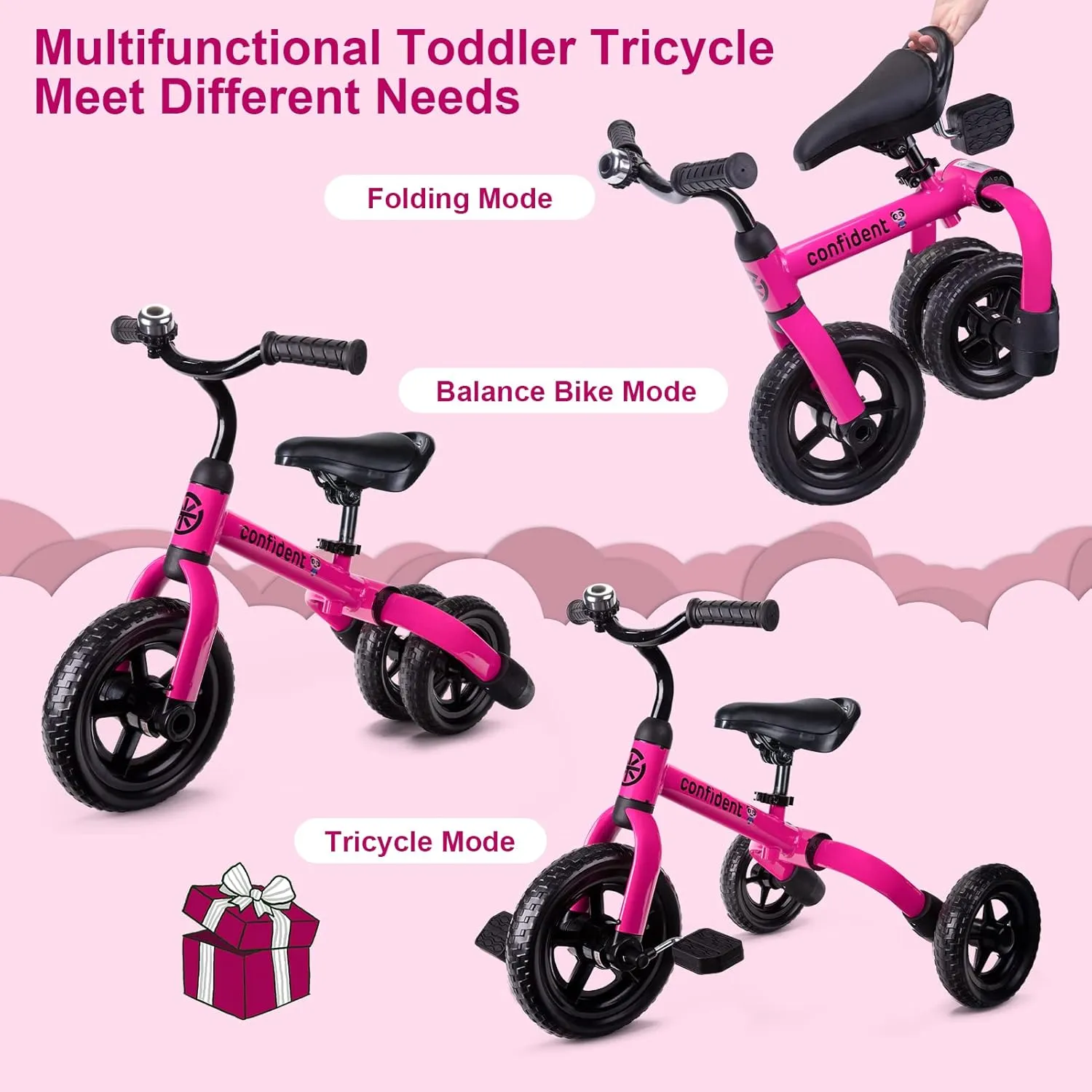 XPIY Tricycle for Toddlers Age 2-5 Years Old, 3 in 1 Folding Toddler Bike for Boys and Girls, Kids' Bike Trike with Detachable Pedal and Adjustable Seat (Pink)