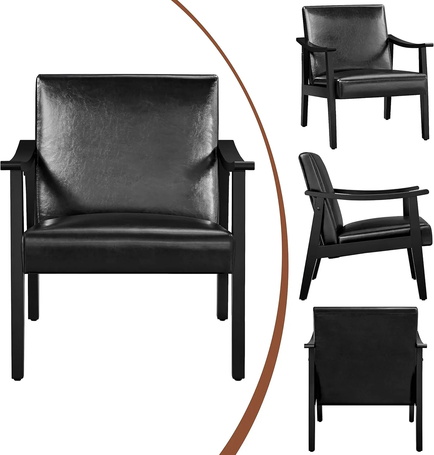 Yaheetech PU Leather Accent Chair, Mid-Century Modern Armchair with Solid Wood Legs, Reading Leisure Chair with High Back for Living Room Bedroom Waiting Room, Black
