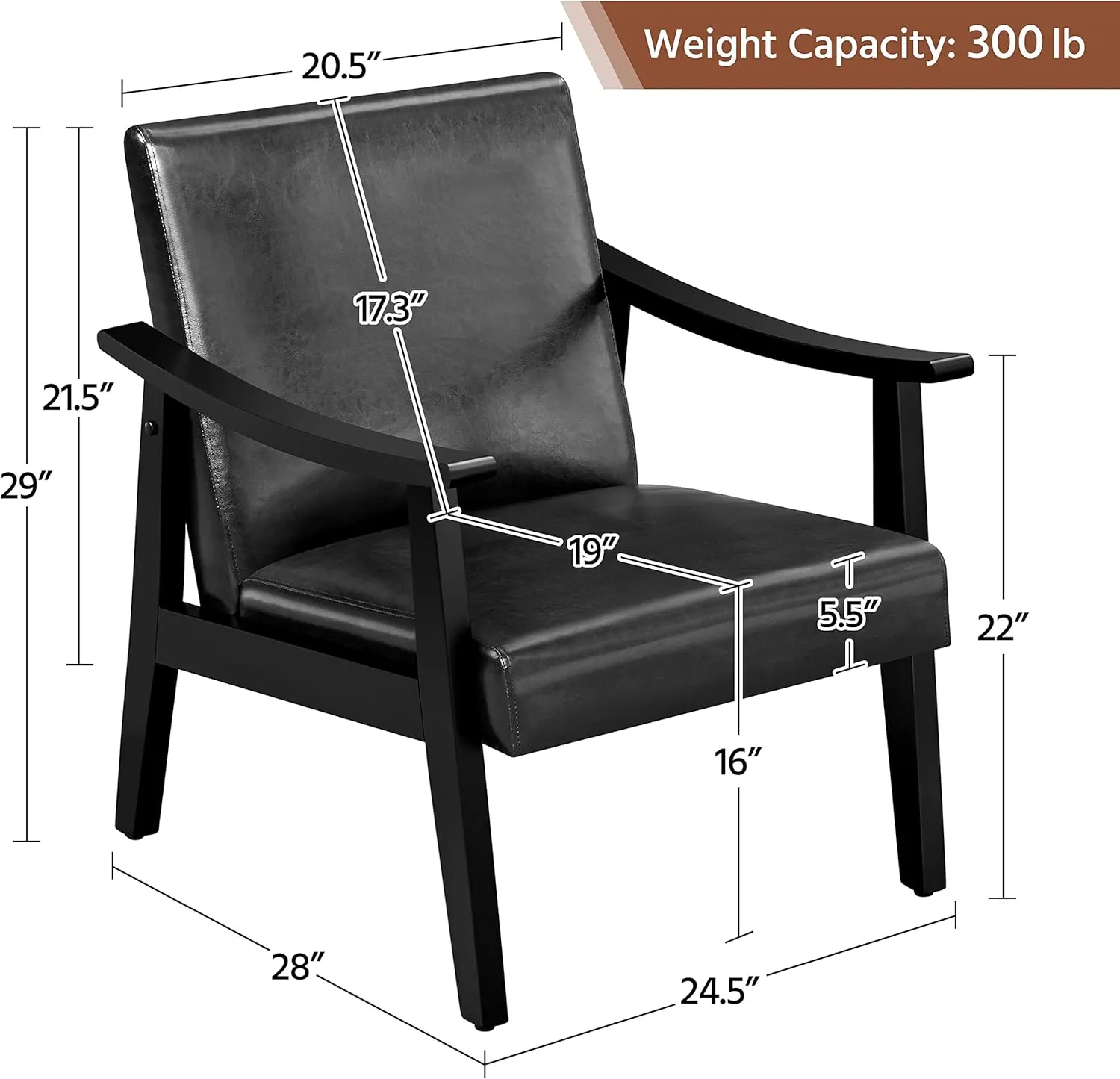 Yaheetech PU Leather Accent Chair, Mid-Century Modern Armchair with Solid Wood Legs, Reading Leisure Chair with High Back for Living Room Bedroom Waiting Room, Black