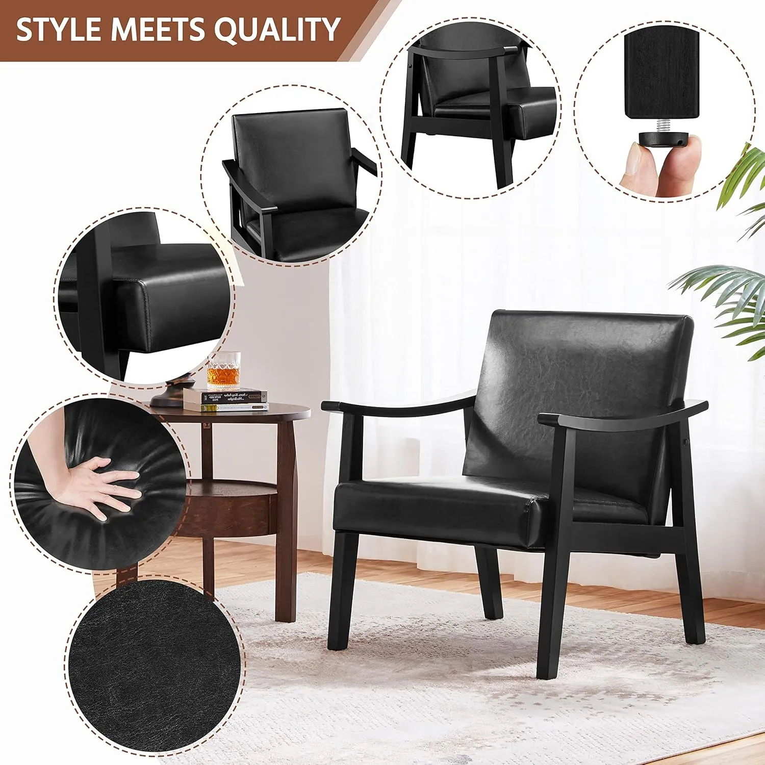 Yaheetech PU Leather Accent Chair, Mid-Century Modern Armchair with Solid Wood Legs, Reading Leisure Chair with High Back for Living Room Bedroom Waiting Room, Black