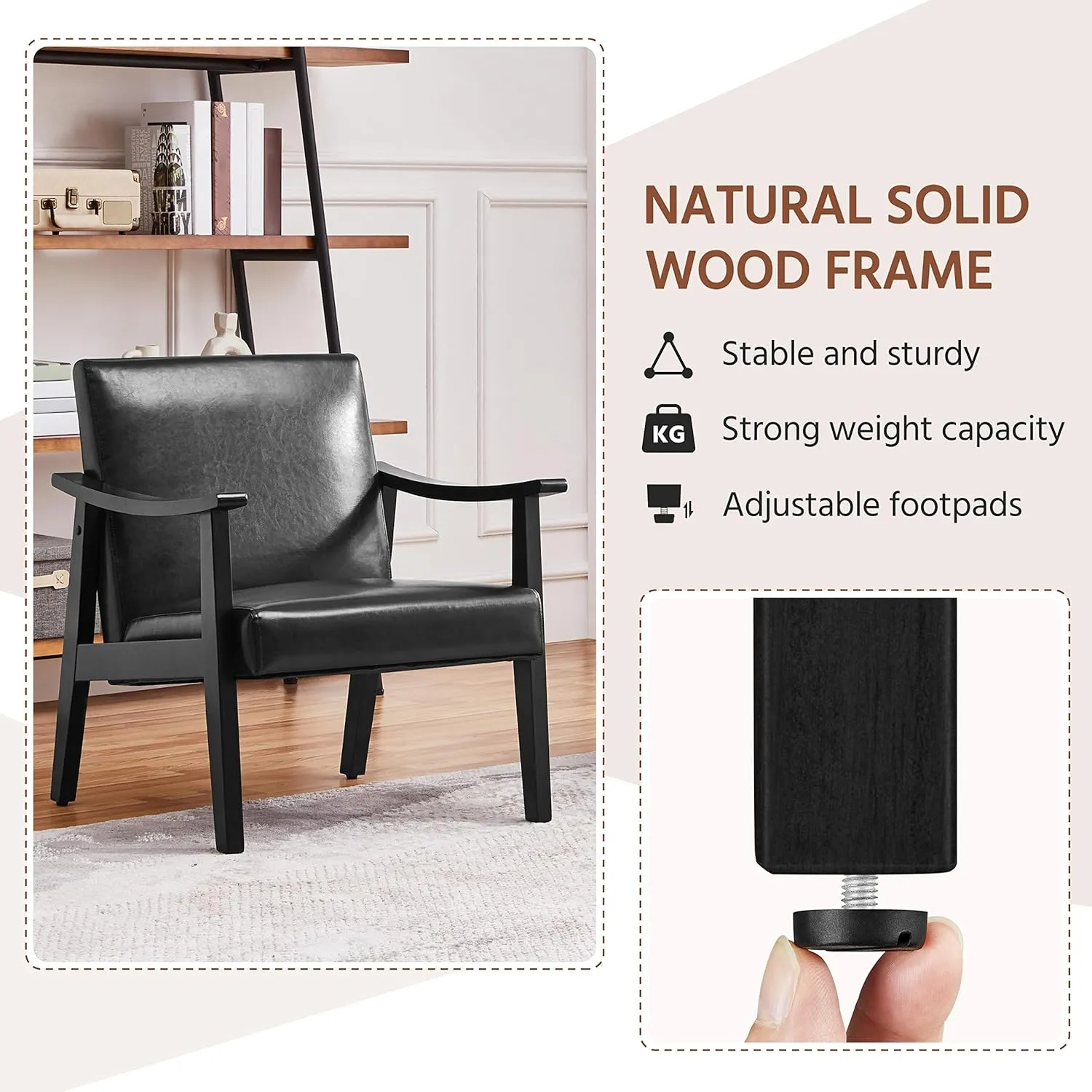 Yaheetech PU Leather Accent Chair, Mid-Century Modern Armchair with Solid Wood Legs, Reading Leisure Chair with High Back for Living Room Bedroom Waiting Room, Black