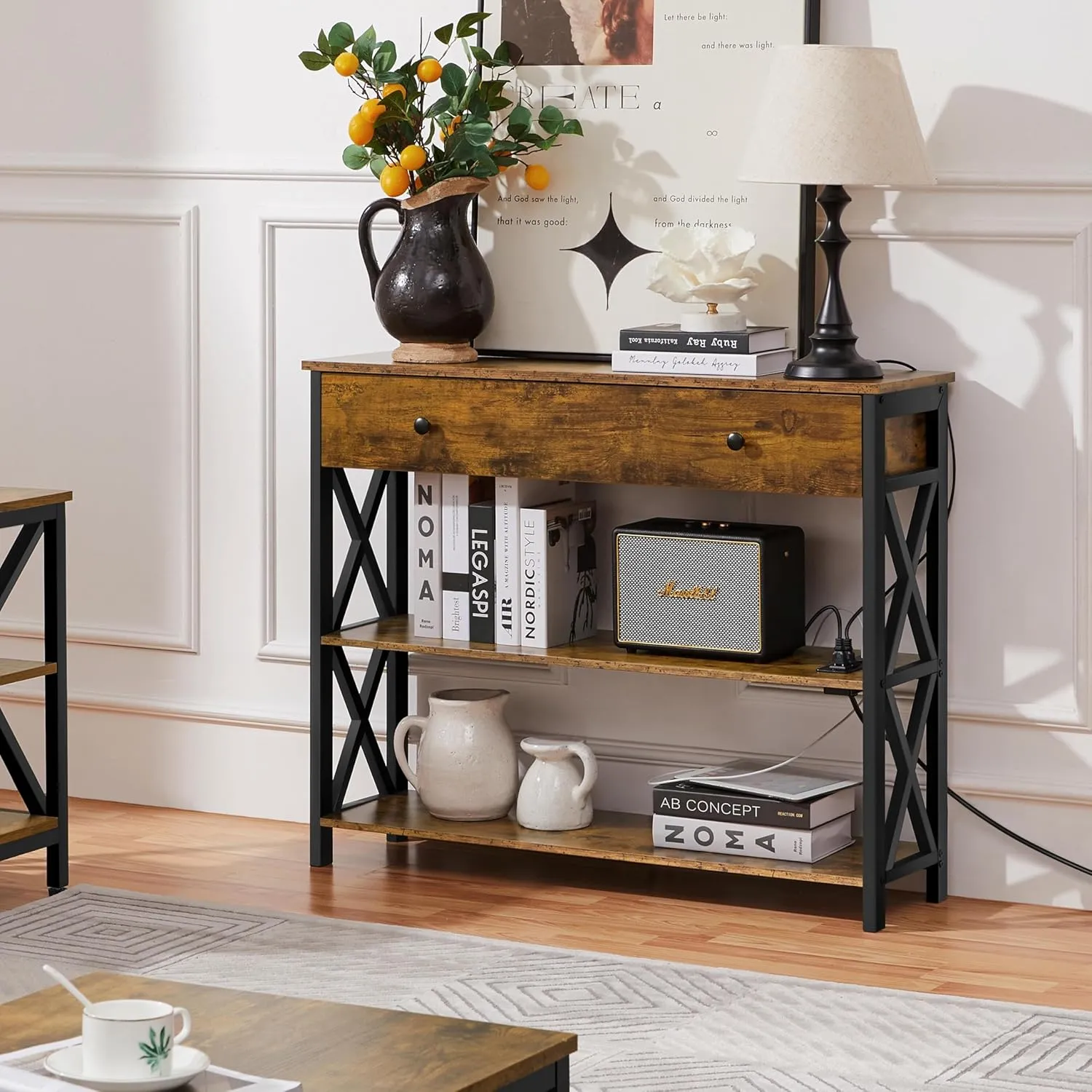 Yaheetech TV Stand with Power Outlets, Entertainment Center with Drawer, Media Console Table for TV up to 45 inch with Storage Shelf for Bedroom/Living Room/Hallway, Metal Frame, Rustic Brown