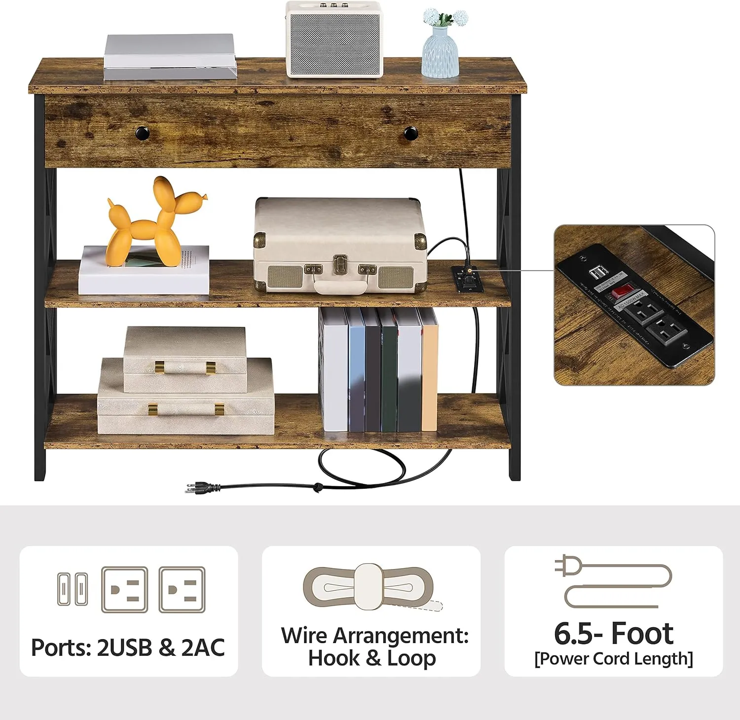 Yaheetech TV Stand with Power Outlets, Entertainment Center with Drawer, Media Console Table for TV up to 45 inch with Storage Shelf for Bedroom/Living Room/Hallway, Metal Frame, Rustic Brown