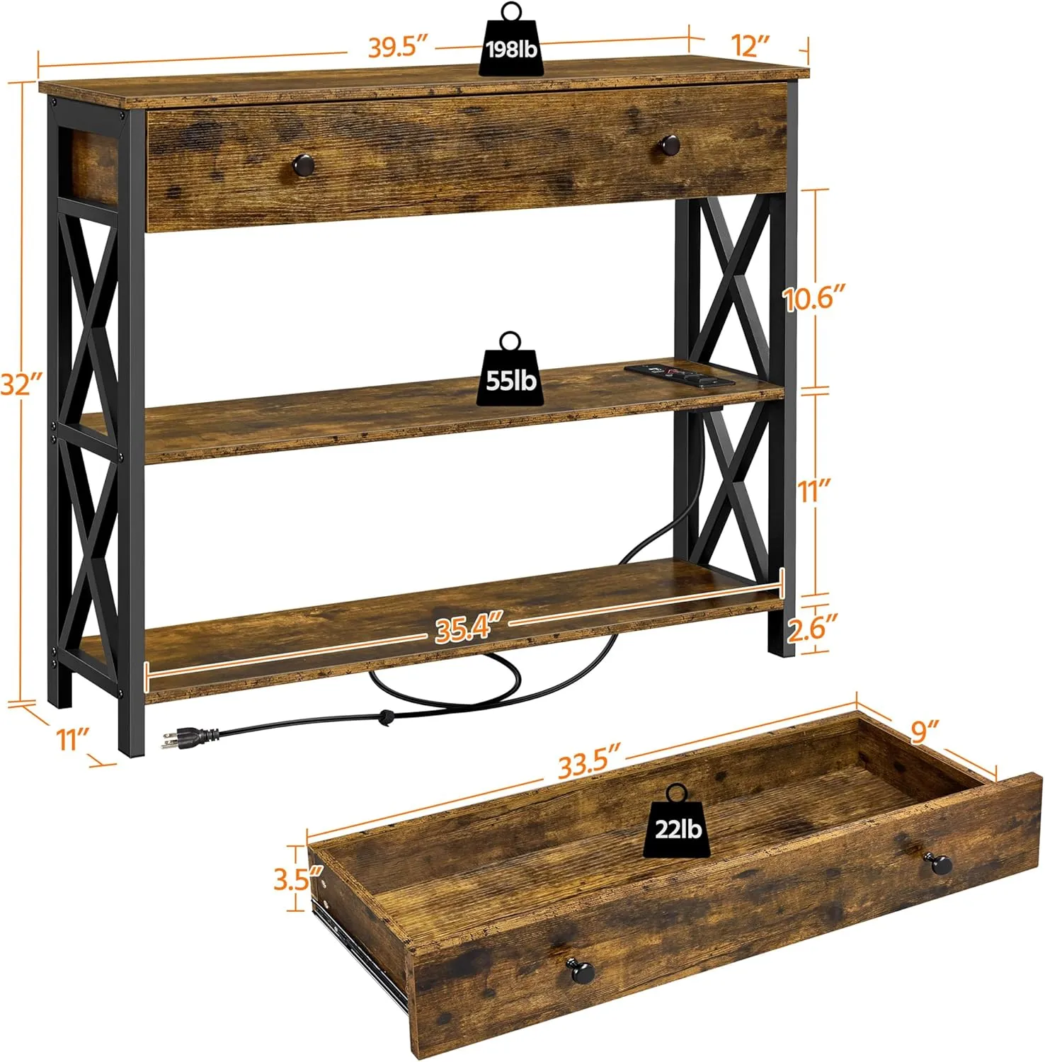 Yaheetech TV Stand with Power Outlets, Entertainment Center with Drawer, Media Console Table for TV up to 45 inch with Storage Shelf for Bedroom/Living Room/Hallway, Metal Frame, Rustic Brown