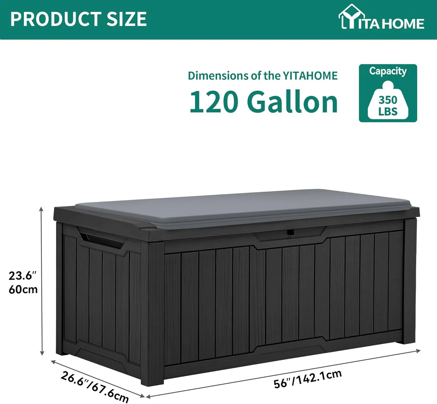 YITAHOME 120 Gallon Resin Deck Box, Weather Resistant Outdoor Storage Box for Patio Pillow, Garden Tools, Pool Supplies, Lockable, Easy Assembly, Extra Seat or Table with Cushion (Black)