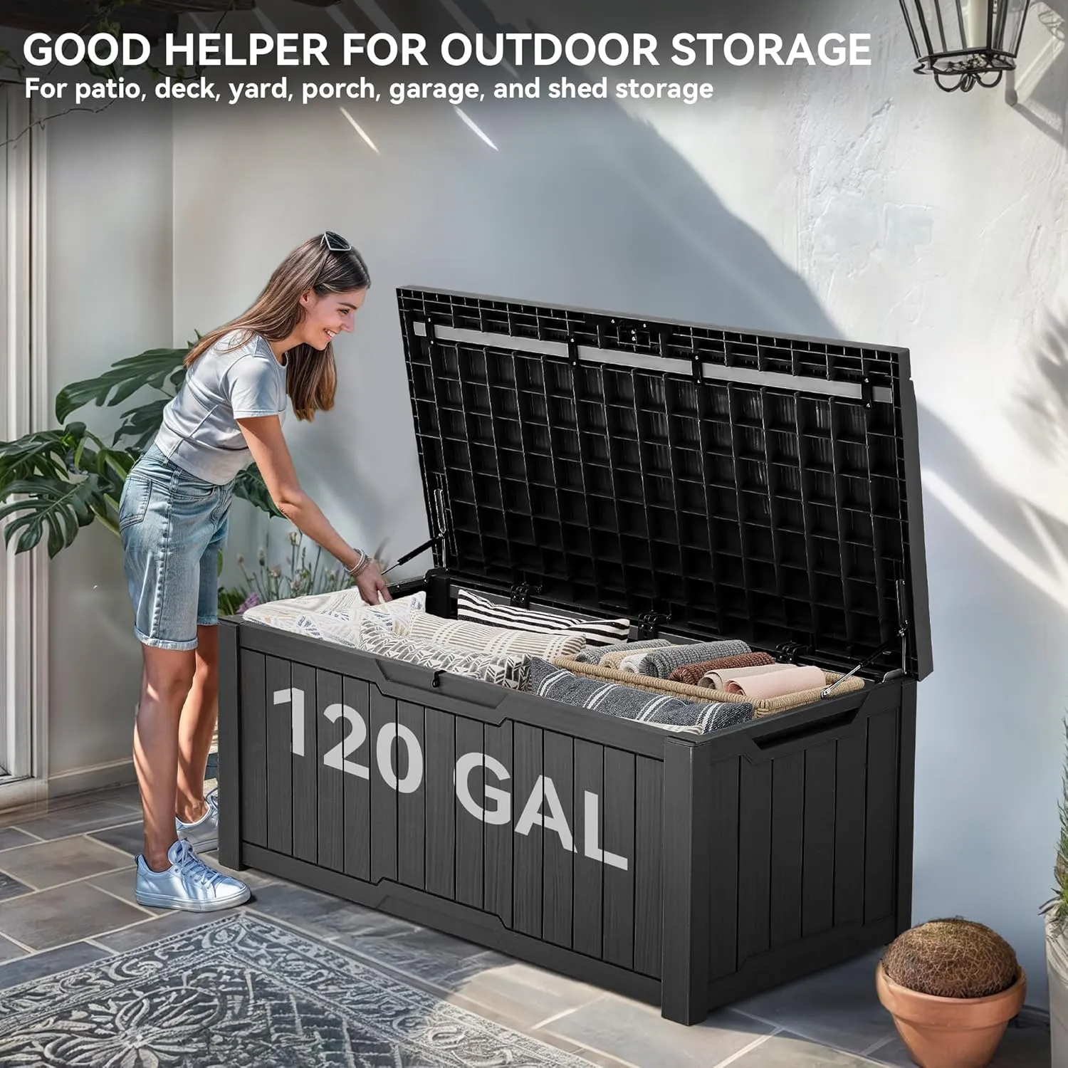 YITAHOME 120 Gallon Resin Deck Box, Weather Resistant Outdoor Storage Box for Patio Pillow, Garden Tools, Pool Supplies, Lockable, Easy Assembly, Extra Seat or Table with Cushion (Black)