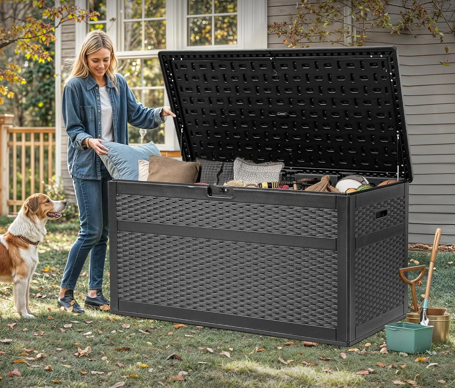 YITAHOME 230 Gallon Double-Wall Deck Box with Divider & Side Handles, Outdoor Large Storage for Patio Furniture Cushions, Garden Pool Accessories, Water Resistant & Lockable