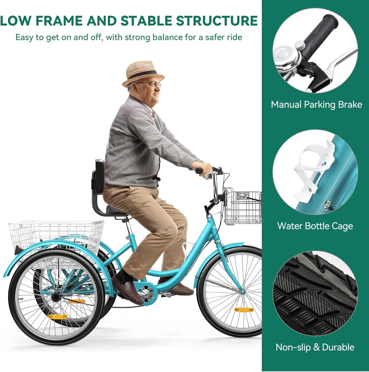 YITAHOME 24 & 26 Inch Adult Tricycle, 1 & 7 Speed 3 Wheel Bikes, Large Seat with Backrest Trike for Adults with Front & Rear Baskets, Cruiser Bike for Seniors Women Men Commute Picnic Outdoor